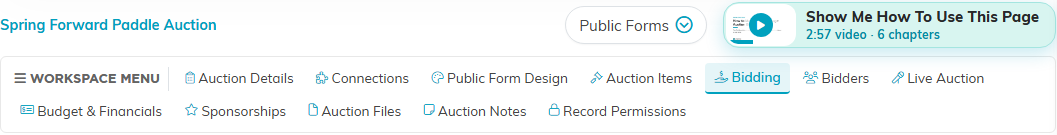 The auction workspace menu with the Bidding tab selected, with the Show Me How To Use This Page video at the top right