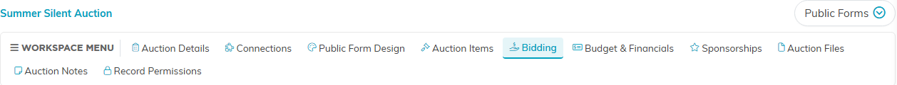 The auction workspace menu with the Bidding tab selected