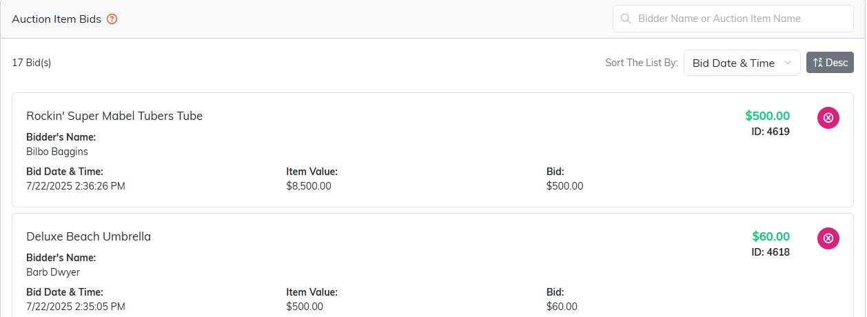 The Auction Item Bids list showing bids with the item, bidder name, bid date and time, item value and bid amount