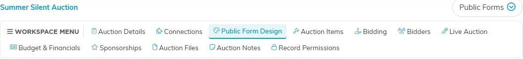 The auction workspace menu with the Public Form Design tab selected
