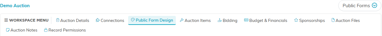 The auction workspace menu with the Public Form Design tab selected