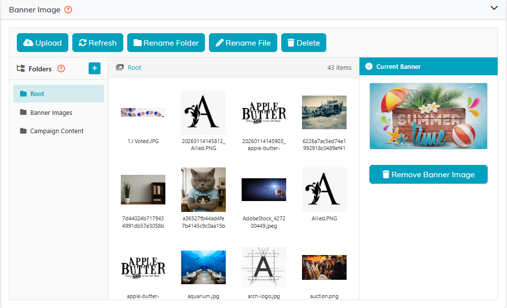 The Banner Image section with the upload controls, the image library and the current banner