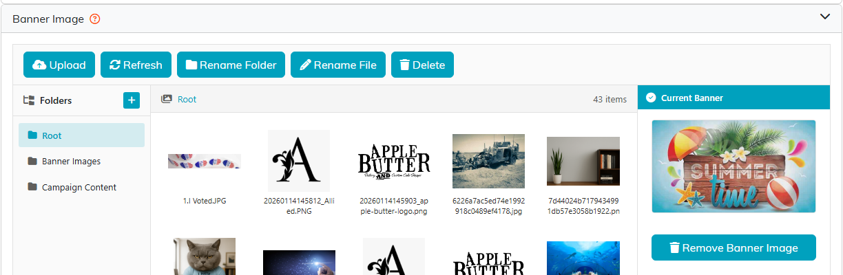 The Banner Image section with the upload controls, the image library and the current banner