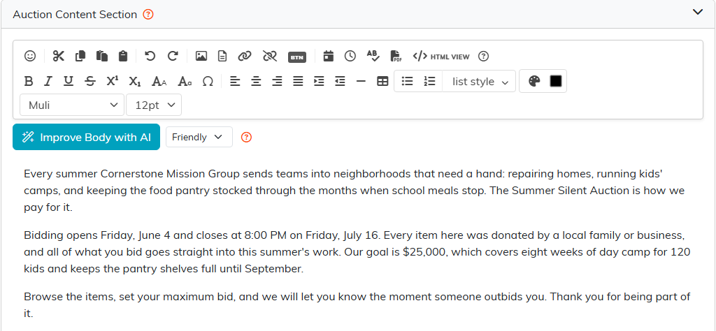The Auction Content Section with the rich text editor and the auction's description