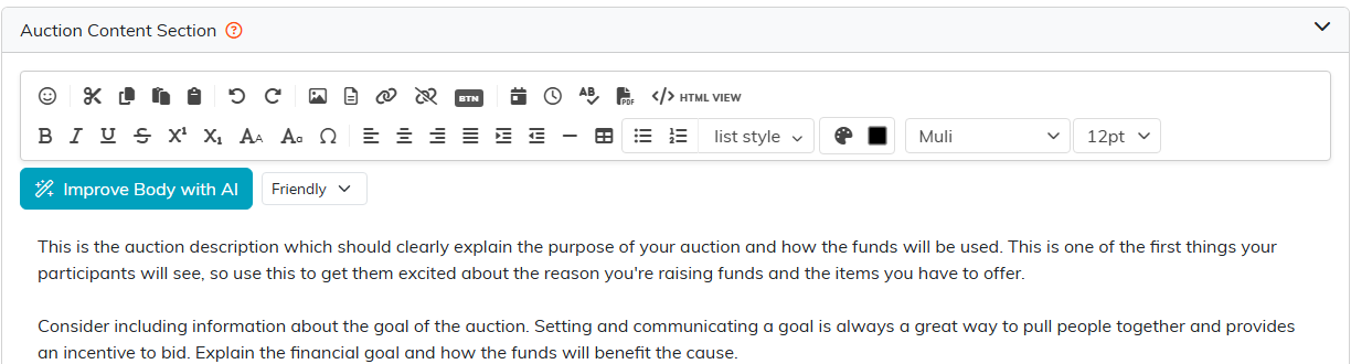 The Auction Content Section with the rich text editor and sample auction description