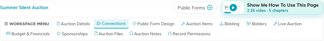 The auction workspace menu with the Connections tab selected, with the Show Me How To Use This Page video at the top right
