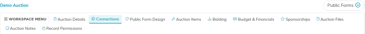 The auction workspace menu with the Connections tab selected