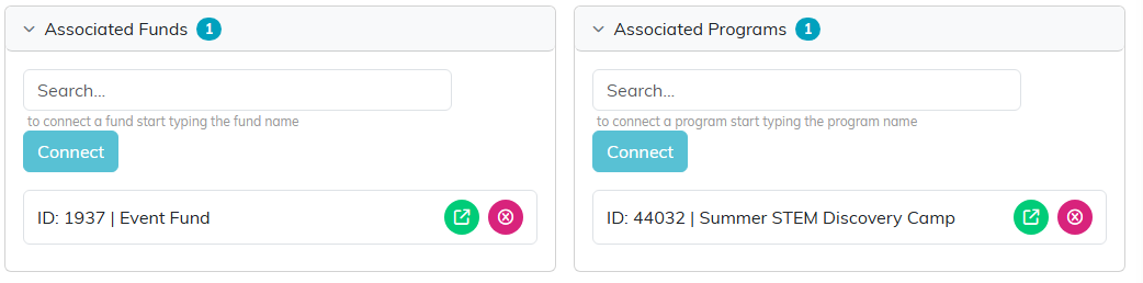 The Associated Funds and Associated Programs panels, each with one connected record under its search box and Connect button