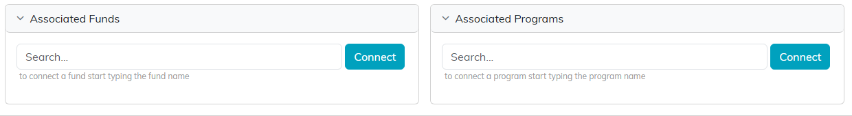 The Associated Funds and Associated Programs panels with their search boxes and Connect buttons