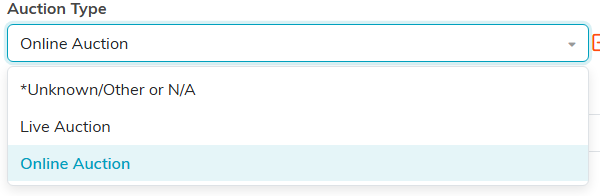The Auction Type dropdown open on the Auction Details tab