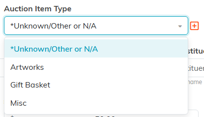 The Auction Item Type dropdown open on an auction item