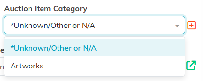 The Auction Item Category dropdown open on an auction item