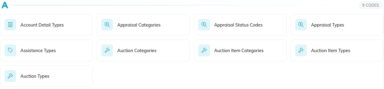 The Classification Codes page listing Auction Categories, Auction Item Categories, Auction Item Types and Auction Types