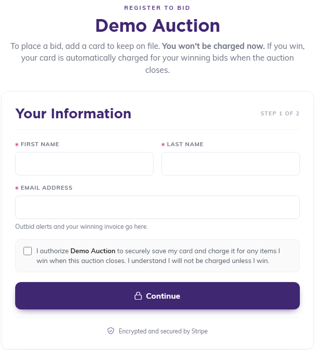 Step one of the register to bid form asking for first name, last name and email address