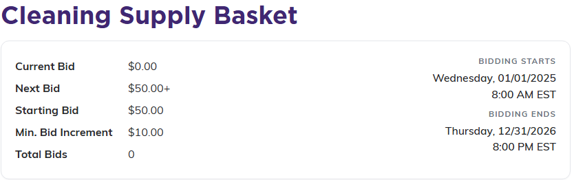 A public auction item showing current bid, next bid, starting bid, minimum bid increment and total bids