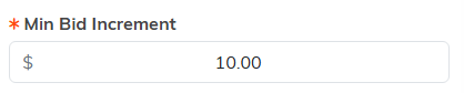 The Min Bid Increment field on an auction item set to 10 dollars