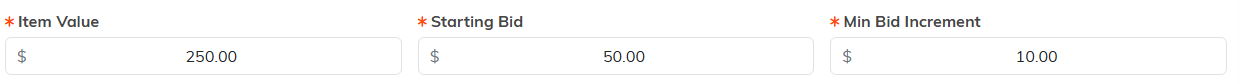 The Item Value, Starting Bid and Min Bid Increment fields filled in on an auction item