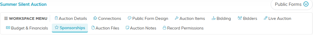 The auction workspace menu with the Sponsorships tab selected