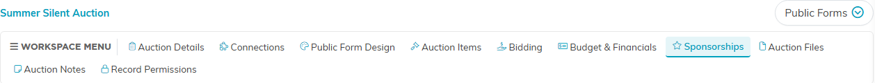 The auction workspace menu with the Sponsorships tab selected
