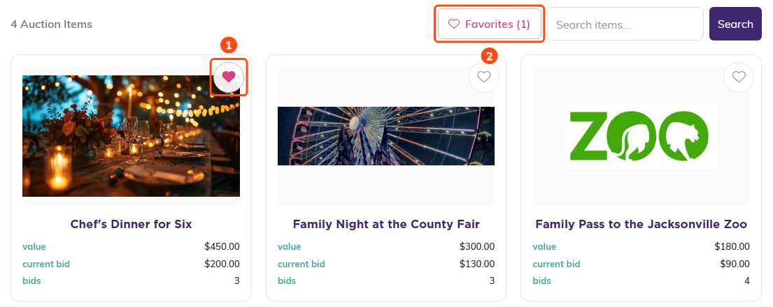 The public auction item list with a heart tapped on one item (1) and the Favorites (1) button (2)