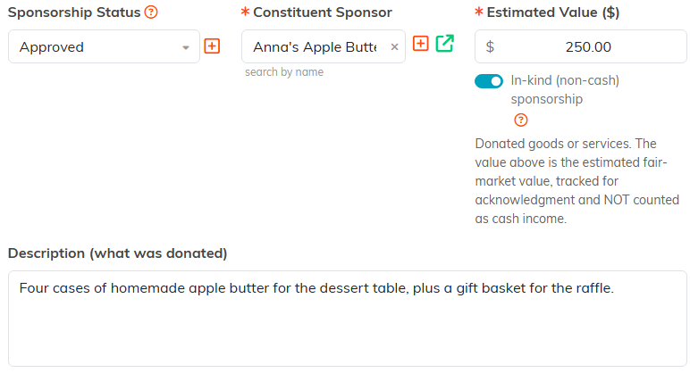 The in-kind switch turned on, with the amount field renamed Estimated Value and a Description (what was donated) box filled in