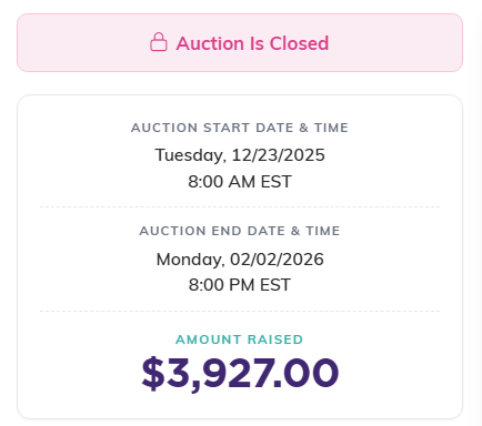 A closed public auction form showing the Auction Is Closed banner and the amount raised