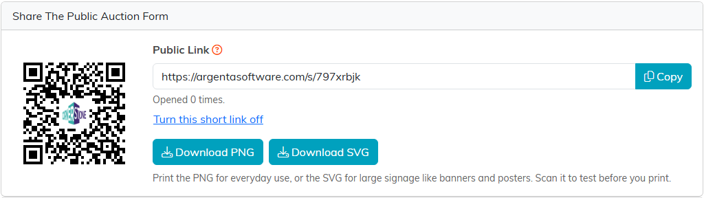 The Share The Public Auction Form card with the QR code, the Public Link and its Copy button, and Download PNG and Download SVG