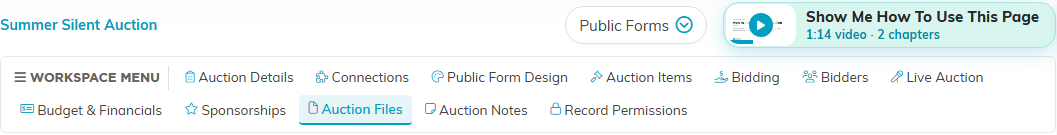 The auction workspace menu with the Auction Files tab selected, with the Show Me How To Use This Page video at the top right