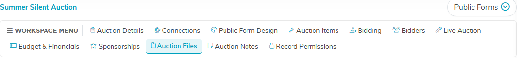 The auction workspace menu with the Auction Files tab selected