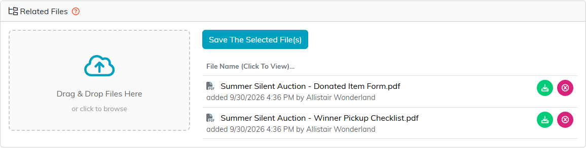 The Related Files panel on an auction with the upload box and two PDF files listed, each with the date and time it was added and who added it