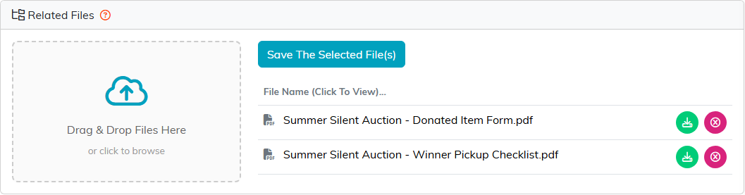 The Related Files panel on an auction with the upload box and two PDF files listed