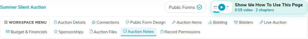 The auction workspace menu with the Auction Notes tab selected, with the Show Me How To Use This Page video at the top right