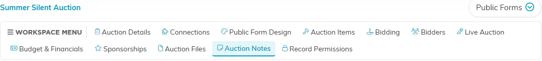 The auction workspace menu with the Auction Notes tab selected