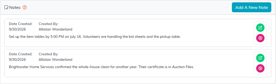 The Notes panel on an auction with the Add A New Note button and two notes