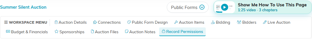 The auction workspace menu with the Record Permissions tab selected, with the Show Me How To Use This Page video at the top right