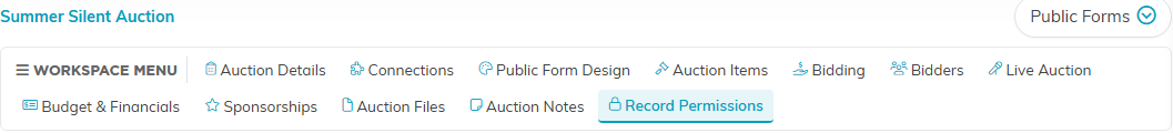 The auction workspace menu with the Record Permissions tab selected