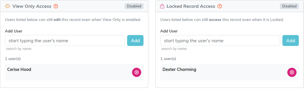 The View Only Access and Locked Record Access panels, each with one user added