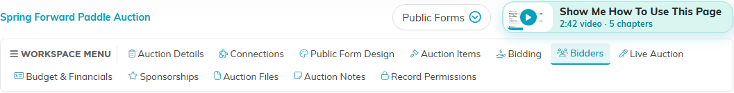 The auction workspace menu with the Bidders tab selected, with the Show Me How To Use This Page video at the top right
