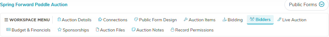 The auction workspace menu with the Bidders tab selected