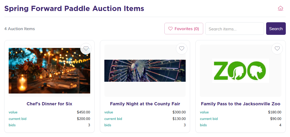 The public auction items page showing an item card with its value, current bid and bid count
