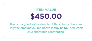 The Item Value box on a public auction item, with the tax-deductible note under the value