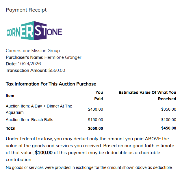 A winner's payment receipt listing each item with what was paid and its estimated value, and the deductible amount below