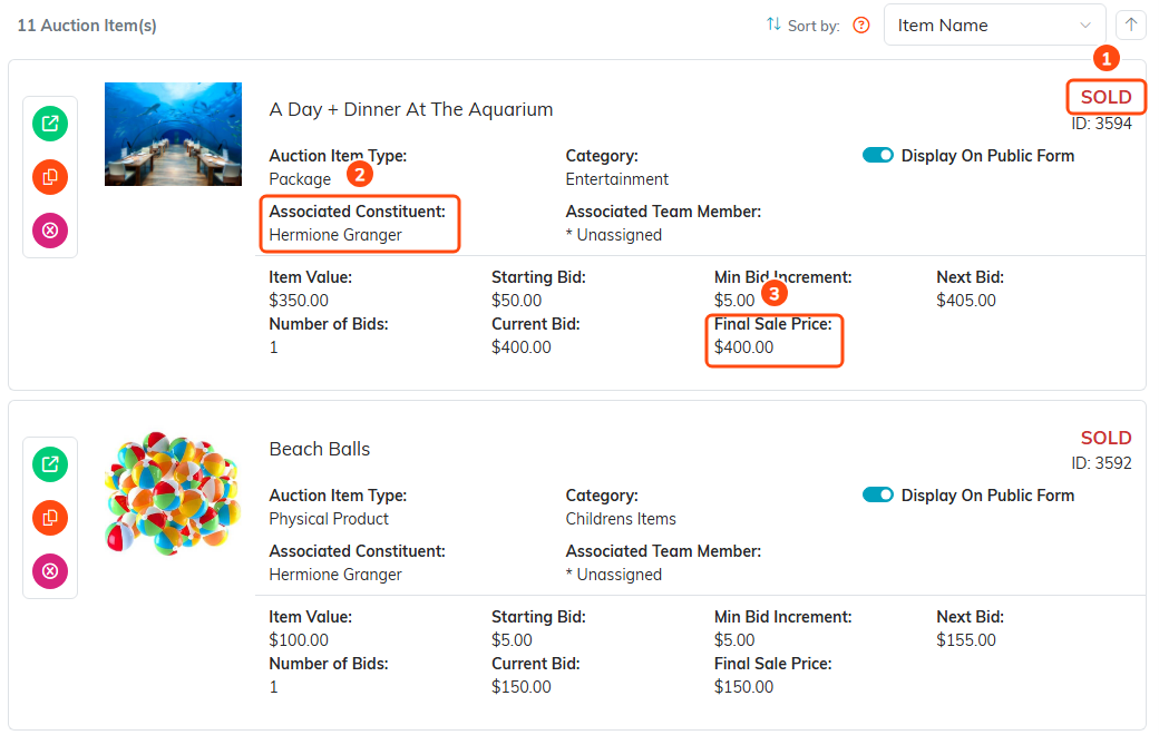 Two sold items on the Auction Items list, with the SOLD flag marked 1, Associated Constituent marked 2 and Final Sale Price marked 3