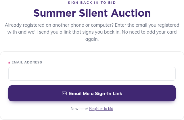 The Sign Back In to Bid screen, with Email Address and Email Me a Sign-In Link