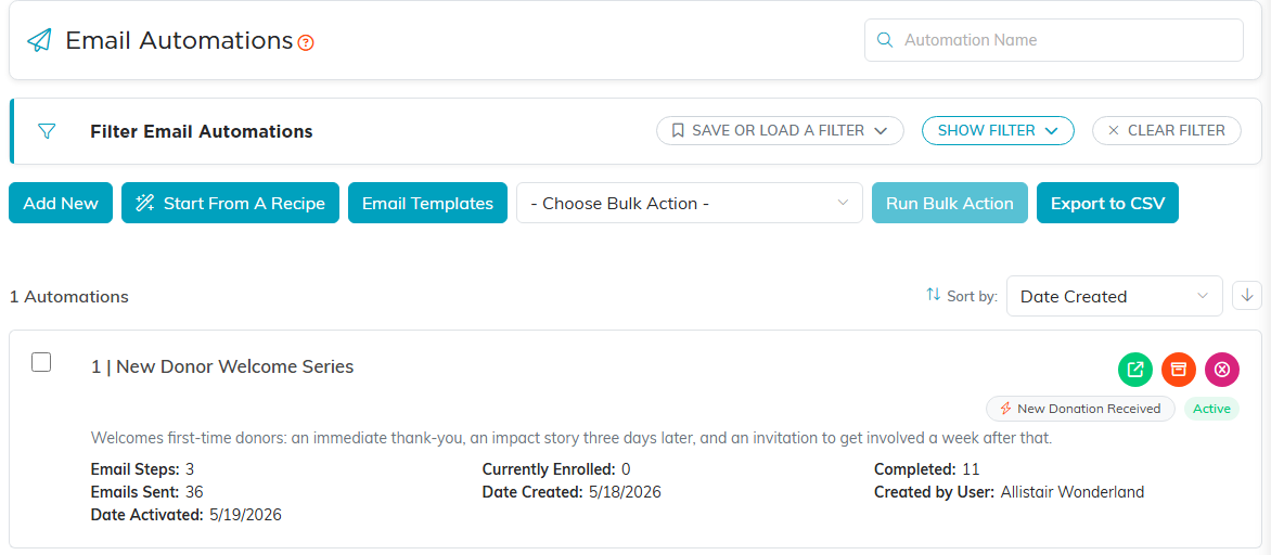 The Email Automations page with the Add New, Start From A Recipe and Email Templates buttons above a card for the New Donor Welcome Series