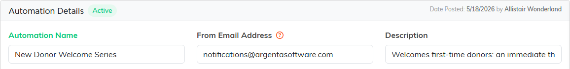 The Automation Details section with boxes for Automation Name, From Email Address and Description