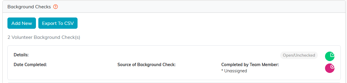 A volunteer's background check list with the Add New and Export To CSV buttons