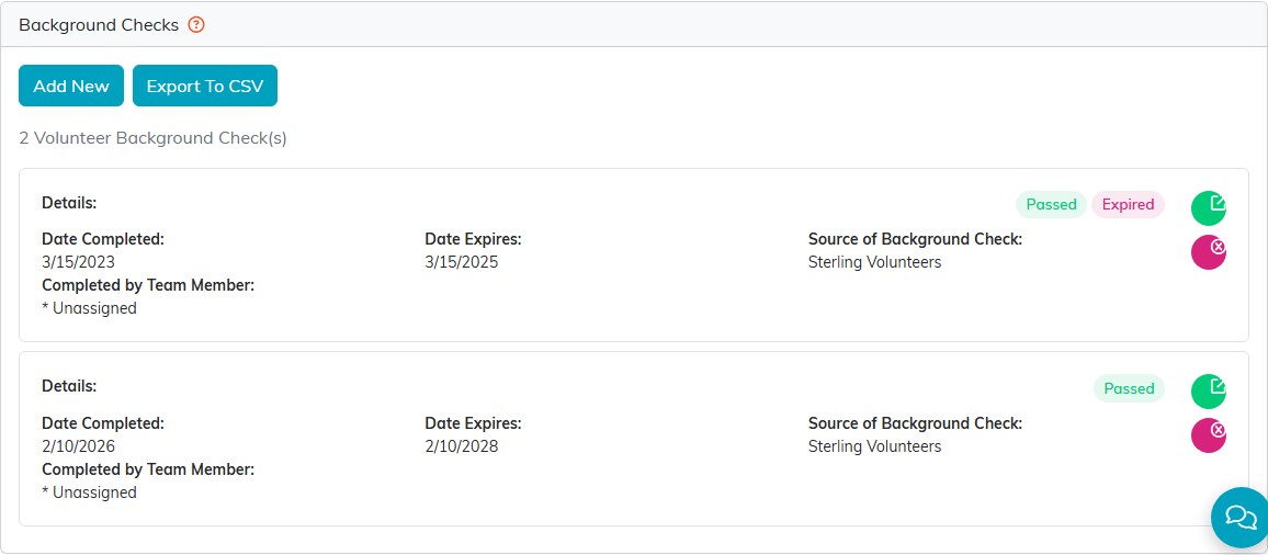 A volunteer background check list showing one check flagged Passed and Expired above another flagged Passed