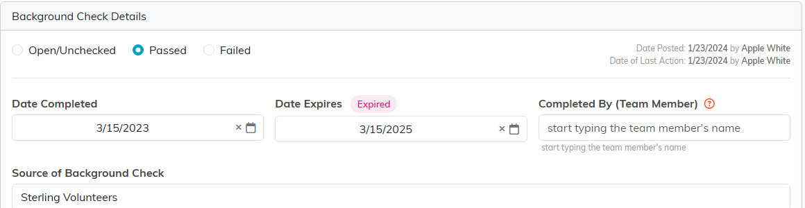 The Date Completed and Date Expires fields, with an Expired flag beside the Date Expires label