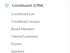 The Constituents menu expanded with Board Members highlighted